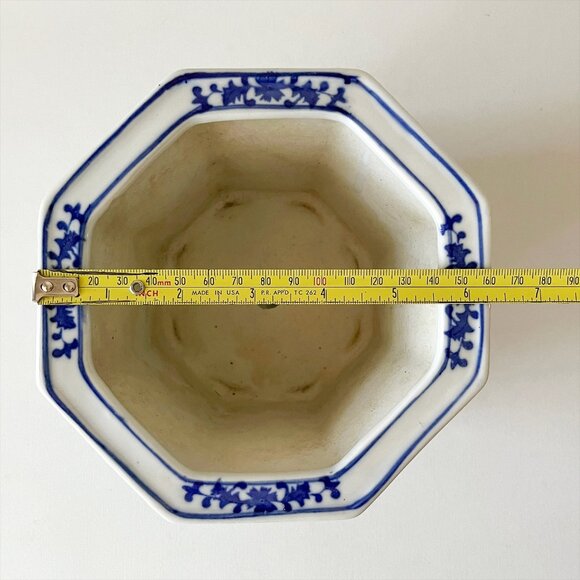 Vintage Chinese Immortals Flowers Poems Octagon Flowerpot w/ Saucer Blue & White - Picture 10 of 15